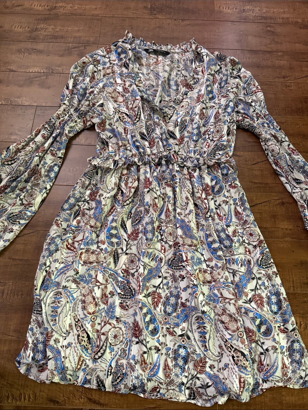 ZARA Paisley Print Long Sleeve Waist-Detail Dress - Multicolor